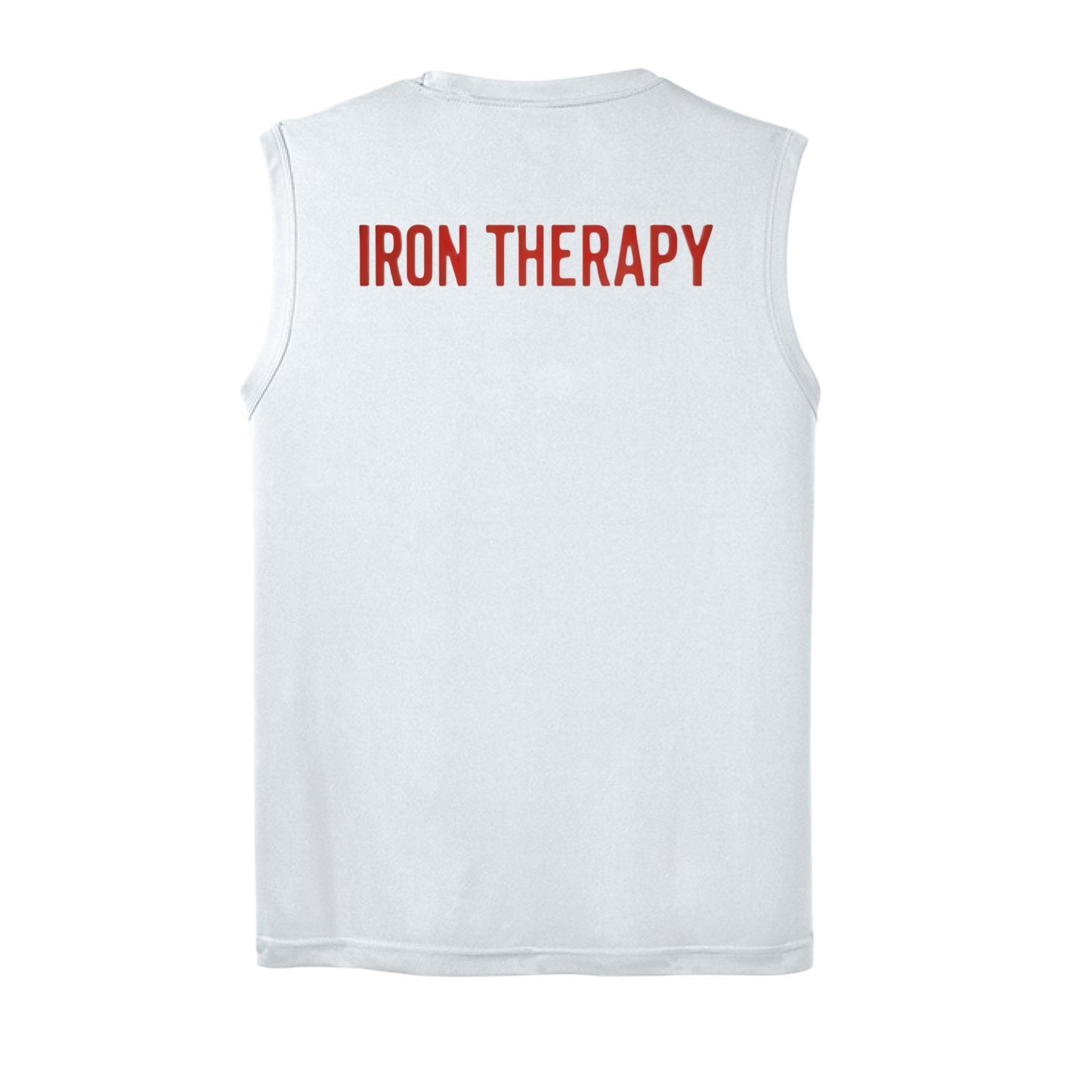 White sleeveless shirt with 'IRON THERAPY' text on the back against a white background
