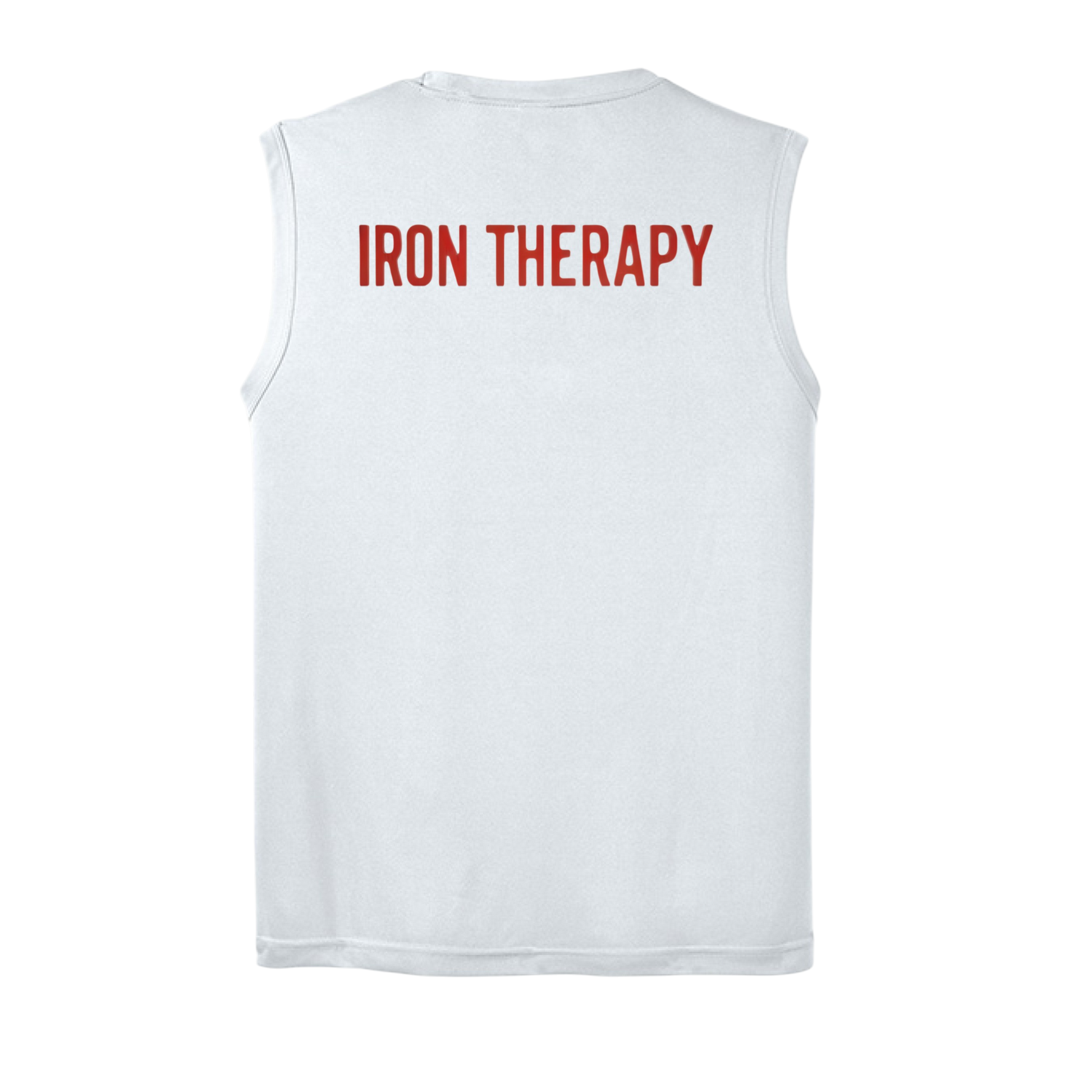 White sleeveless shirt with 'IRON THERAPY' text on the back against a white background