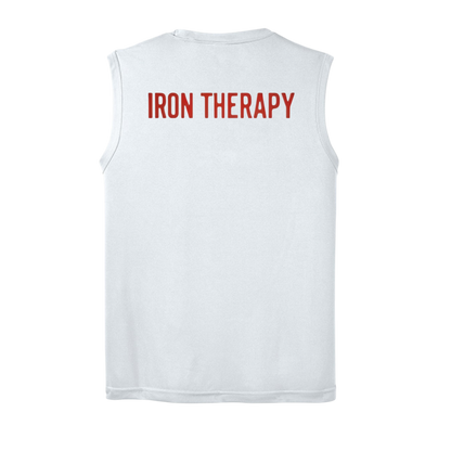 White sleeveless shirt with 'IRON THERAPY' text on the back against a white background