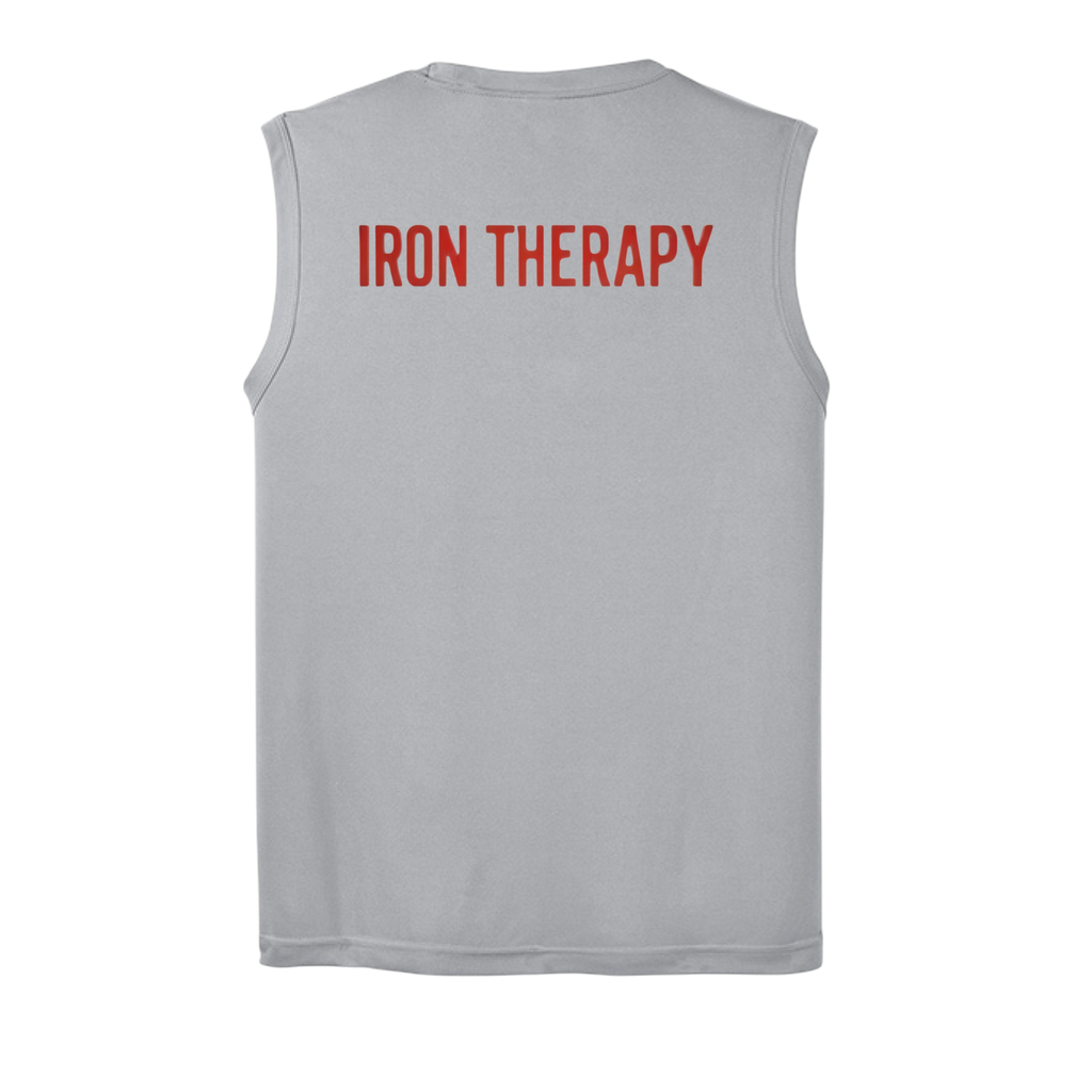 Gray sleeveless shirt with 'IRON THERAPY' text on the back against a white background