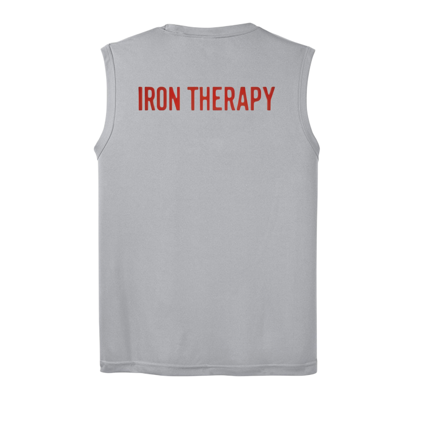 Gray sleeveless shirt with 'IRON THERAPY' text on the back against a white background