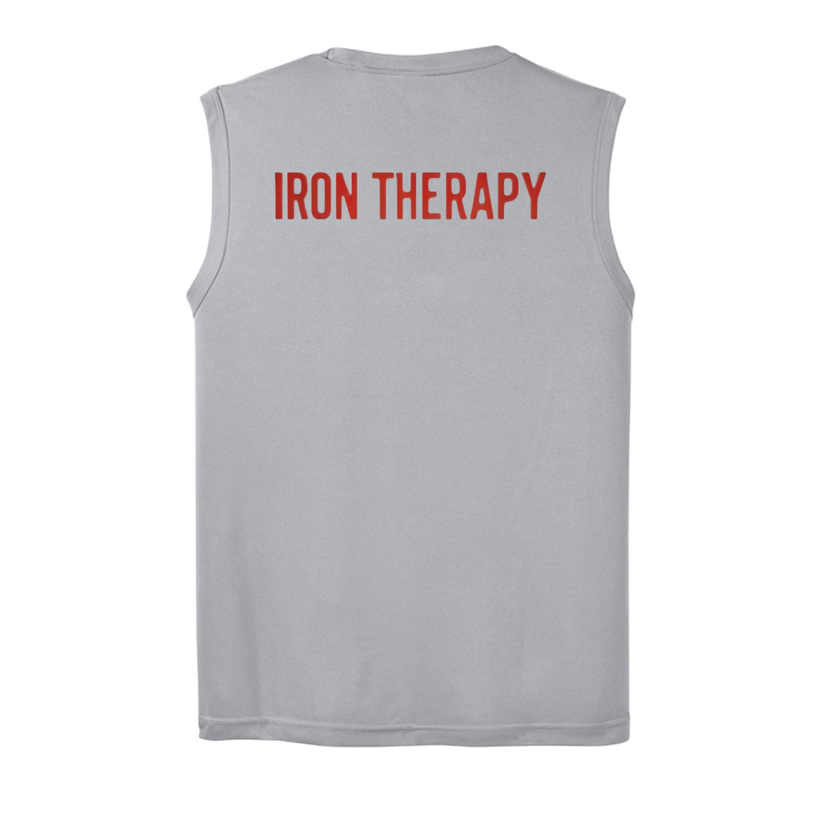Gray sleeveless shirt with 'IRON THERAPY' text on the back against a white background