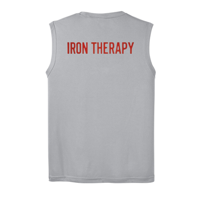 Gray sleeveless shirt with 'IRON THERAPY' text on the back against a white background