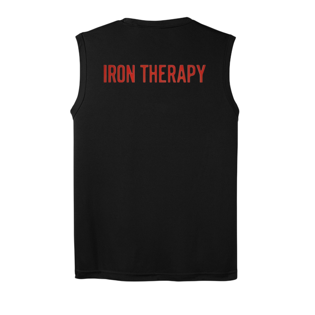 Black sleeveless shirt with 'IRON THERAPY' text on the back against a white background