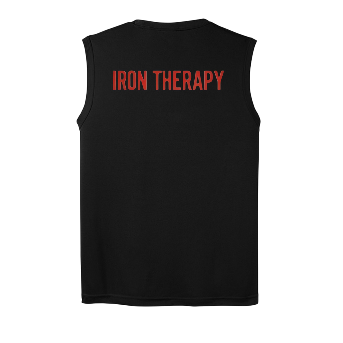 Black sleeveless shirt with 'IRON THERAPY' text on the back against a white background