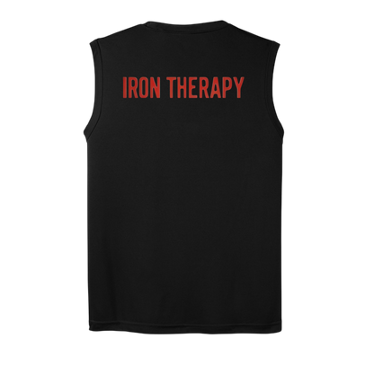 Black sleeveless shirt with 'IRON THERAPY' text on the back against a white background