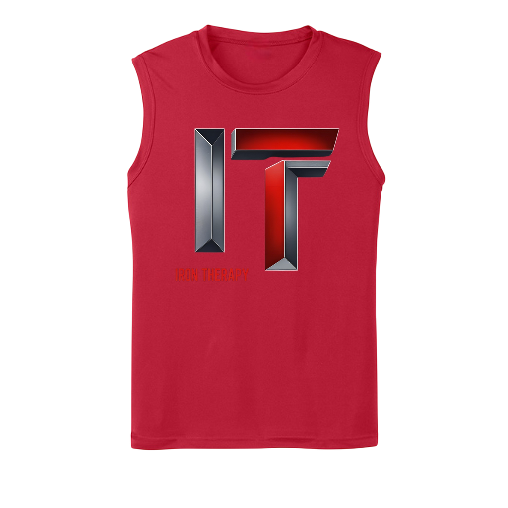 Red sleeveless shirt with a metallic logo on a white background