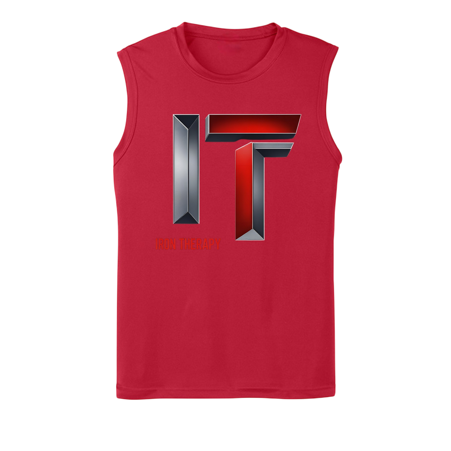 Red sleeveless shirt with a metallic logo on a white background
