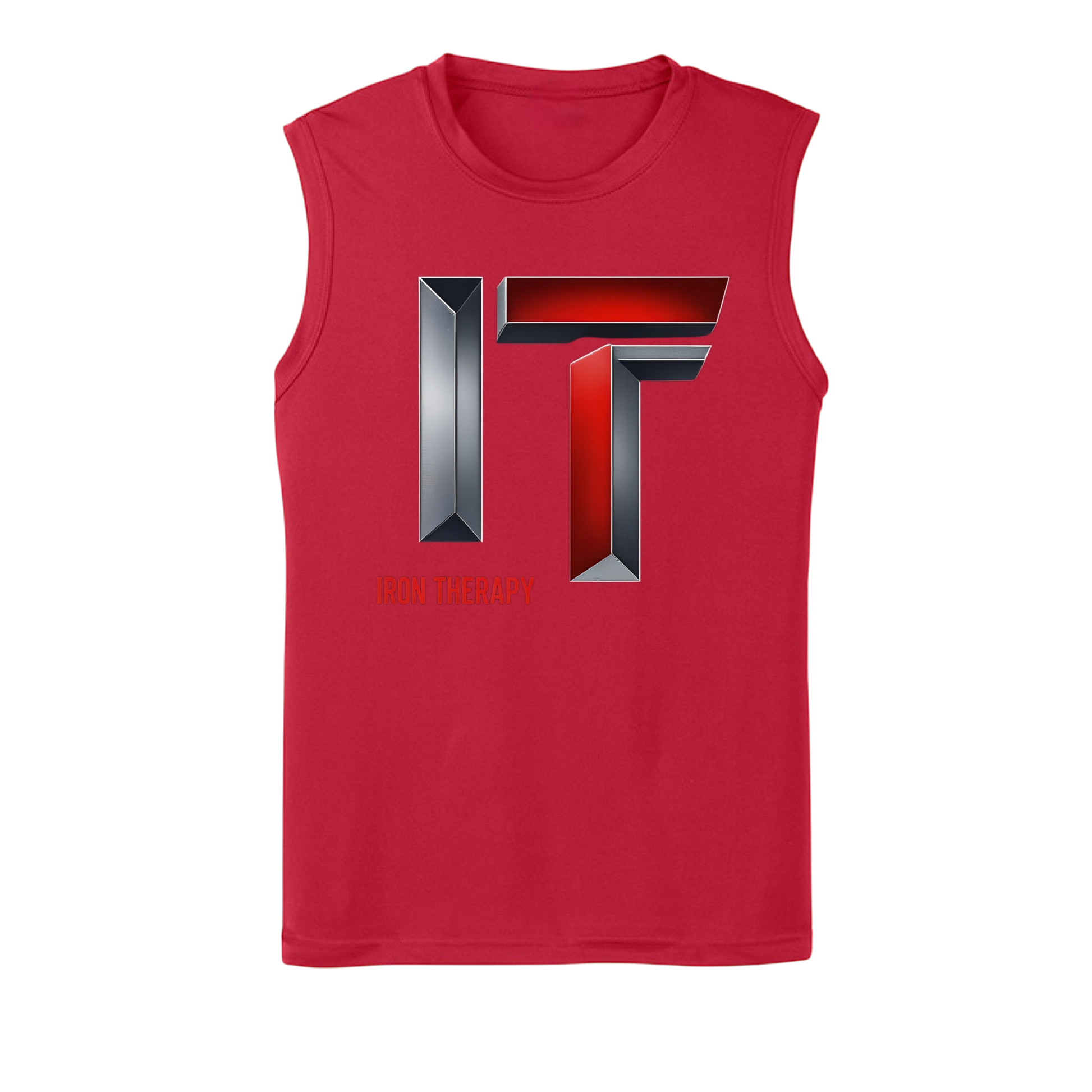 Red sleeveless shirt with a metallic logo on a white background