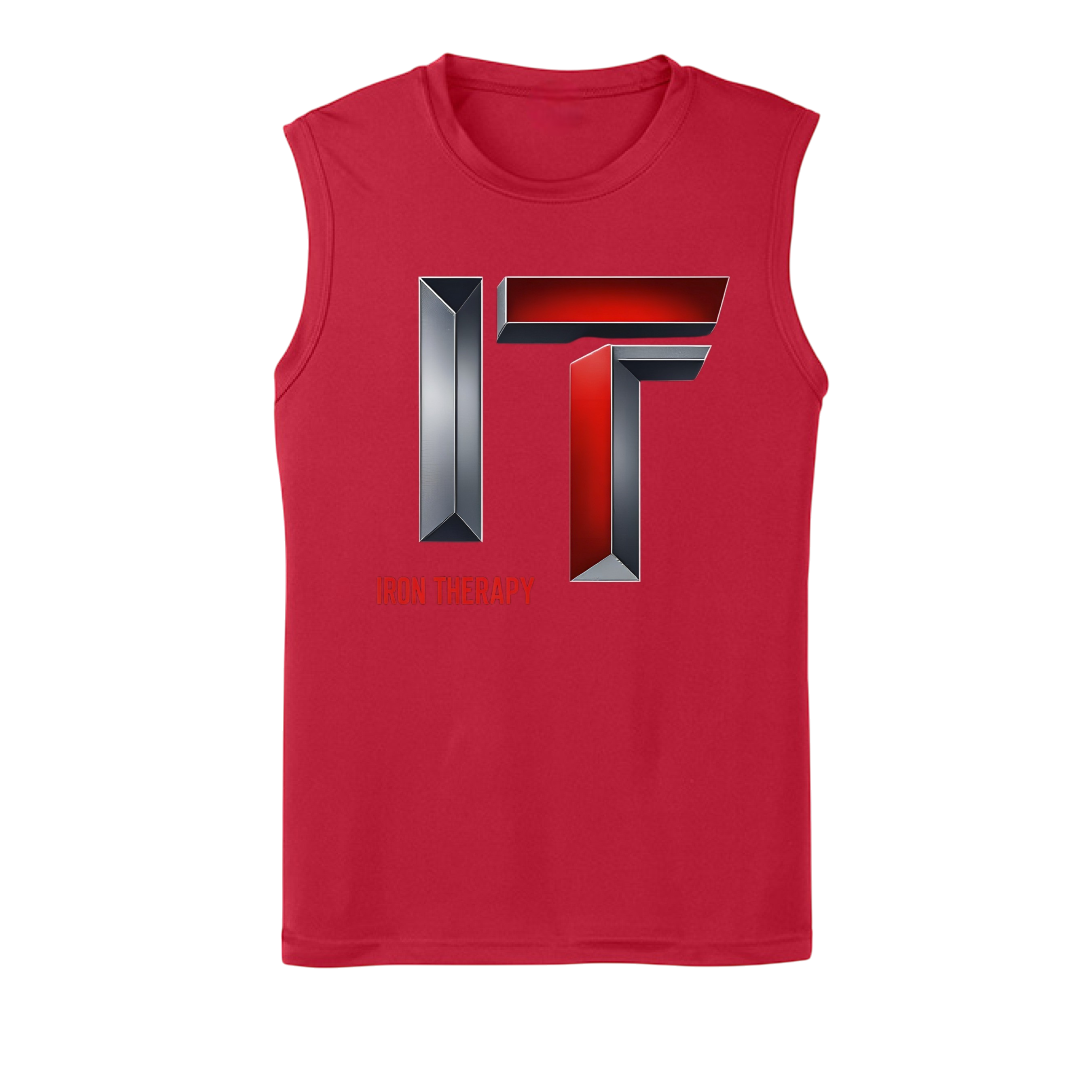 Red sleeveless shirt with a metallic logo on a white background