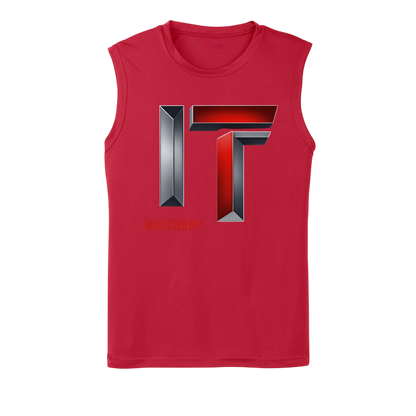Red sleeveless shirt with a metallic logo on a white background