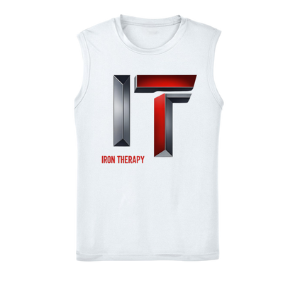 White sleeveless shirt with 'Iron Therapy' logo on a white background