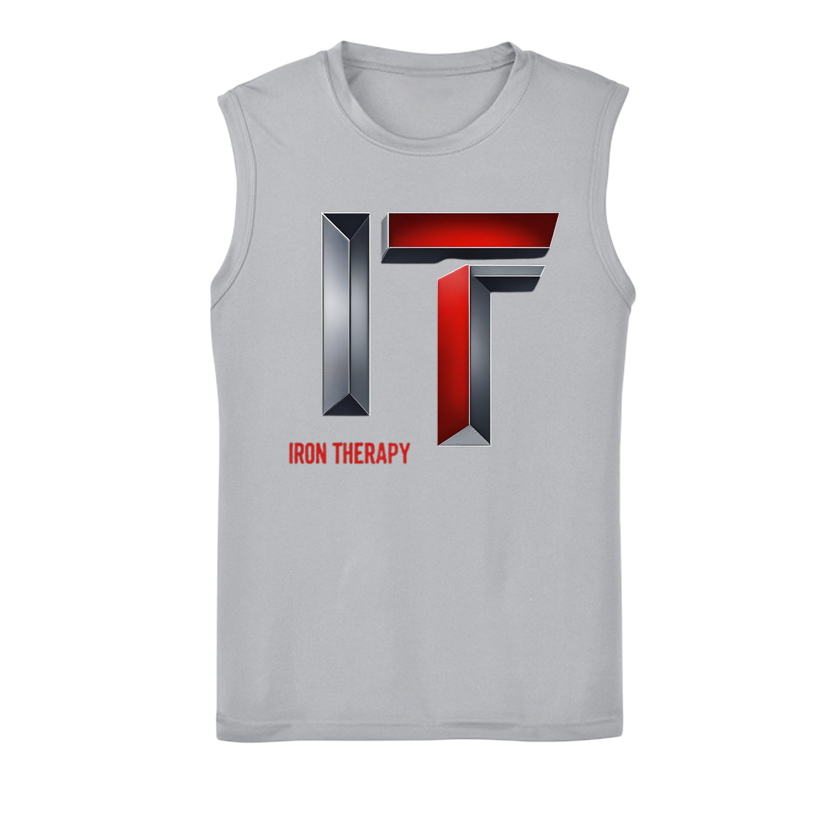 Gray sleeveless shirt with 'Iron Therapy' logo on a white background