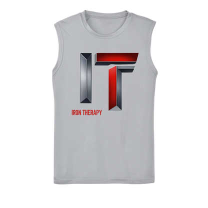 Gray sleeveless shirt with 'Iron Therapy' logo on a white background