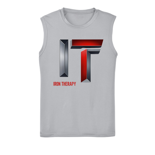 Gray sleeveless shirt with 'Iron Therapy' logo on a white background