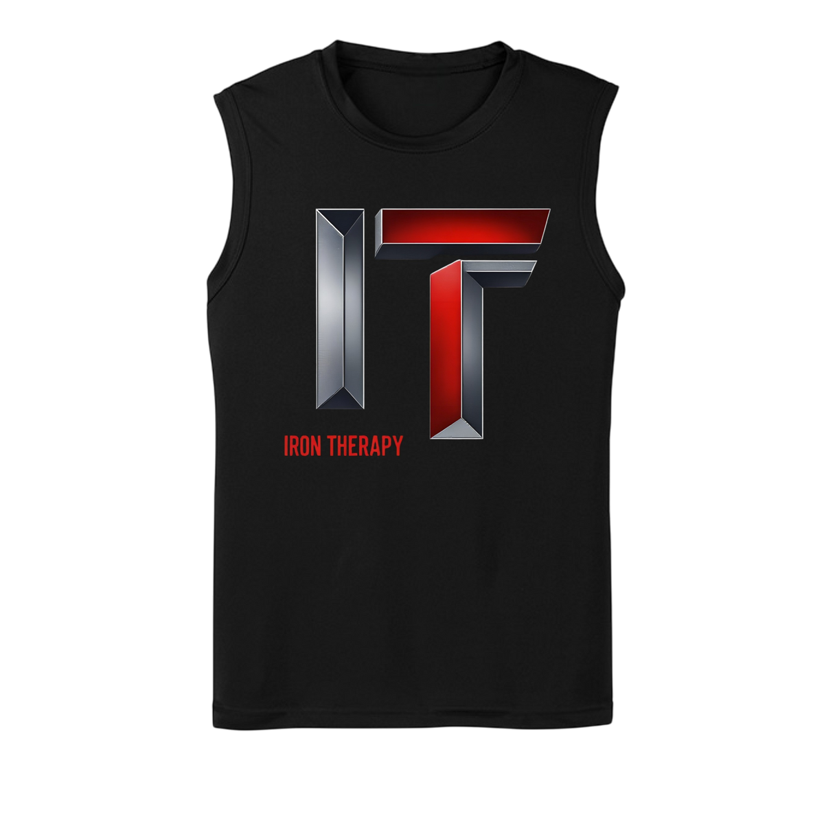 Black sleeveless shirt with Iron Therapy logo on a white background