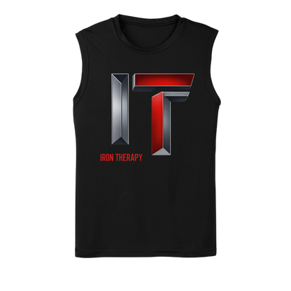 Black sleeveless shirt with Iron Therapy logo on a white background