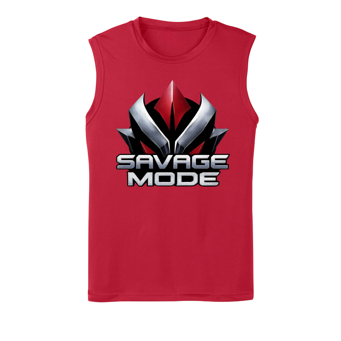 Red sleeveless shirt with 'Savage Mode' graphic design on a white background