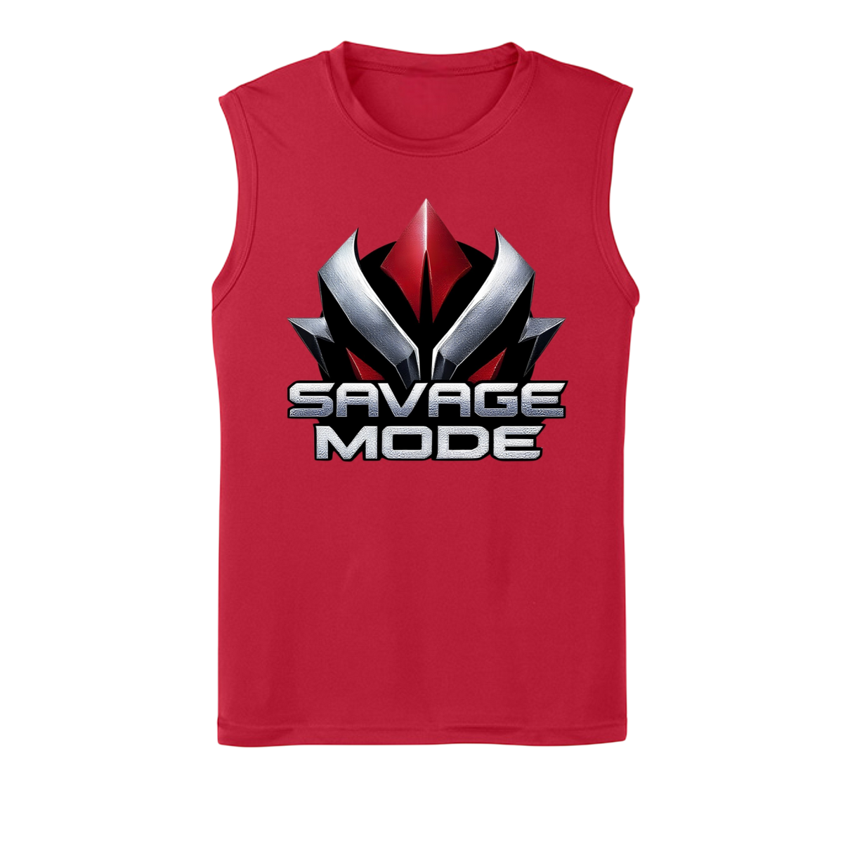 Red sleeveless shirt with 'Savage Mode' graphic design on a white background