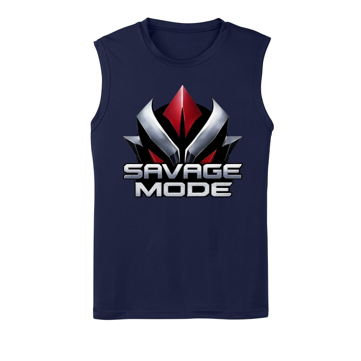 Navy sleeveless shirt with 'Savage Mode' graphic design on a white background