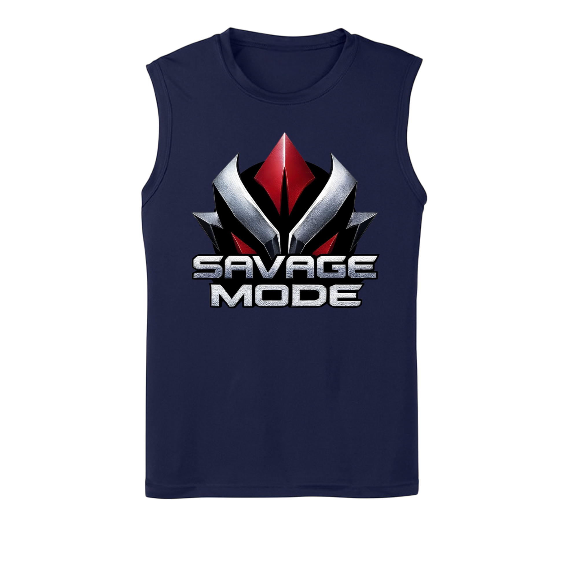 Navy sleeveless shirt with 'Savage Mode' graphic design on a white background