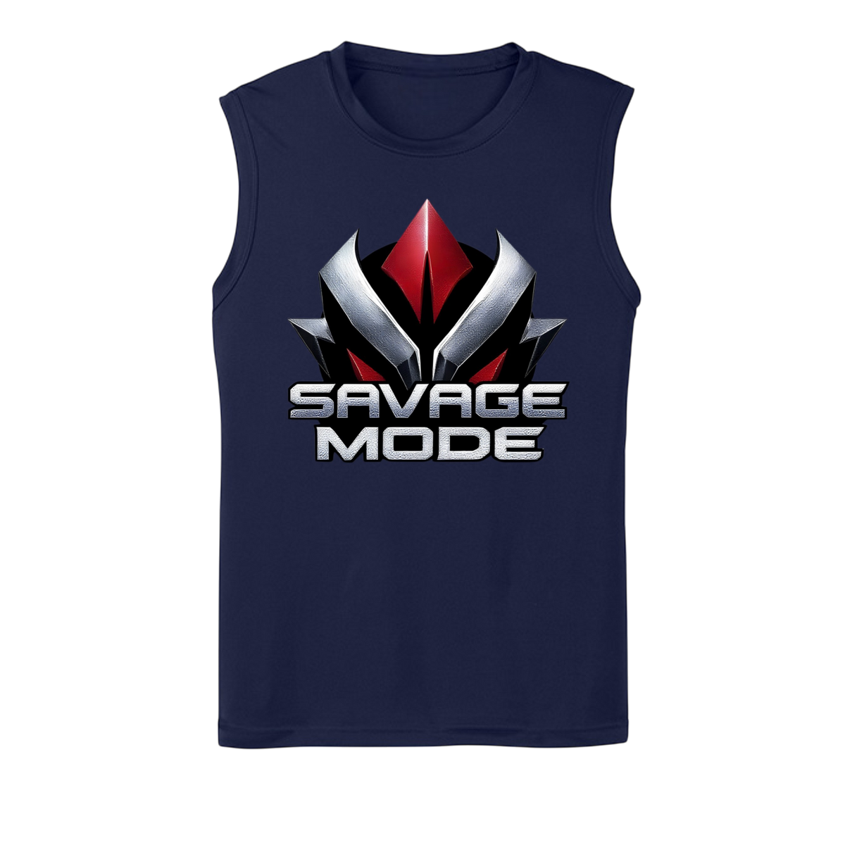 Navy sleeveless shirt with 'Savage Mode' graphic design on a white background