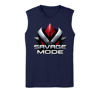 Navy sleeveless shirt with 'Savage Mode' graphic design on a white background