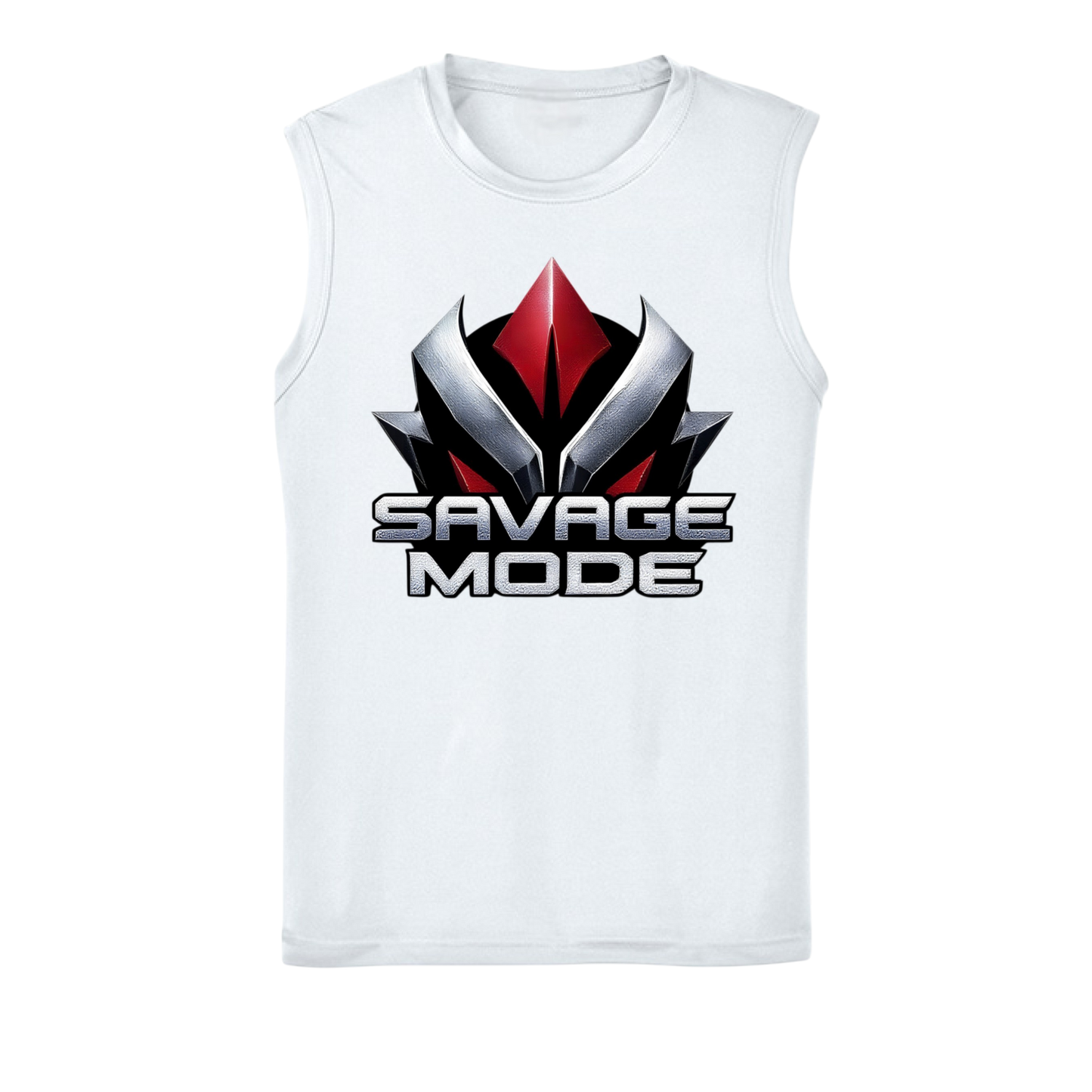 White sleeveless shirt with 'Savage Mode' graphic design on a white background