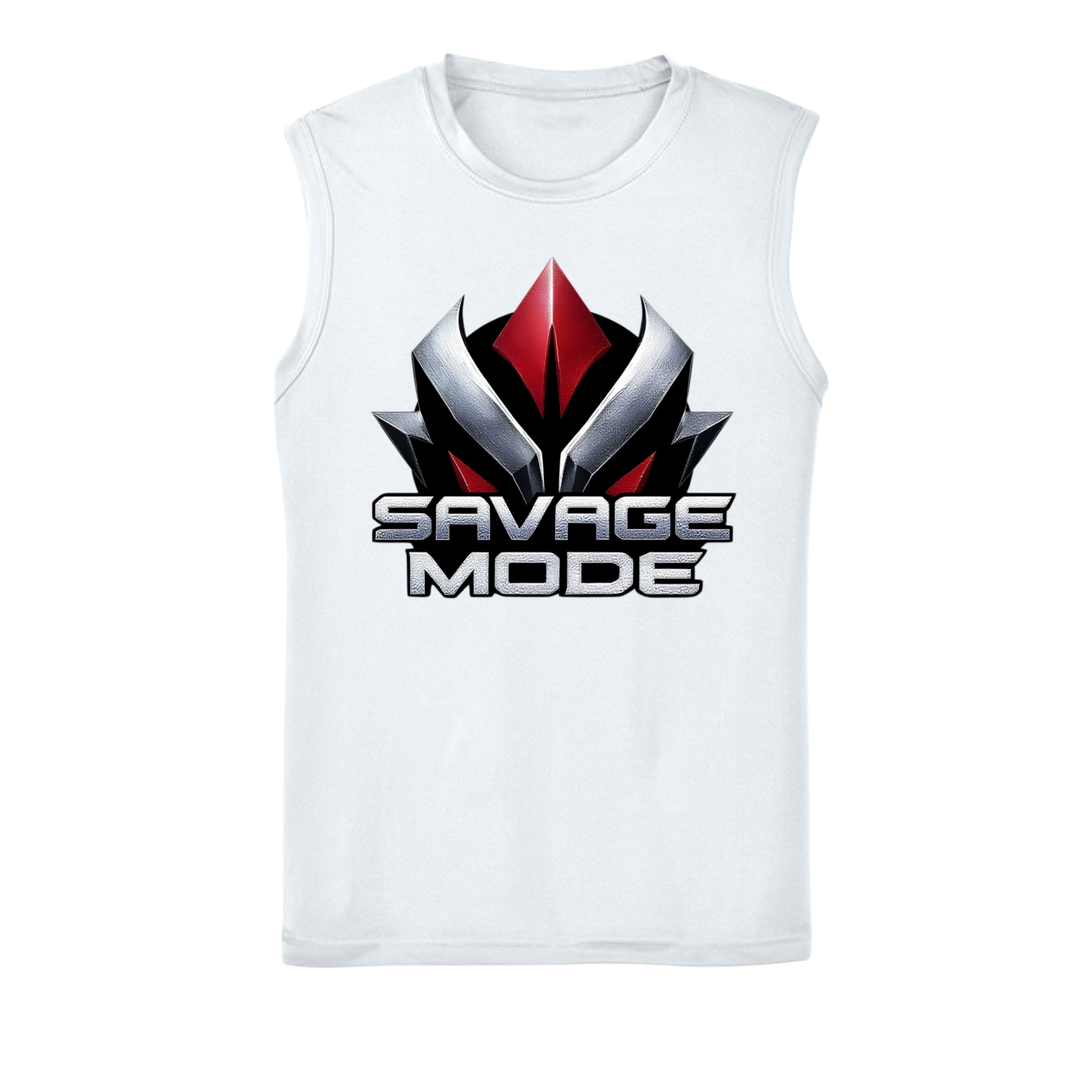 White sleeveless shirt with 'Savage Mode' graphic design on a white background