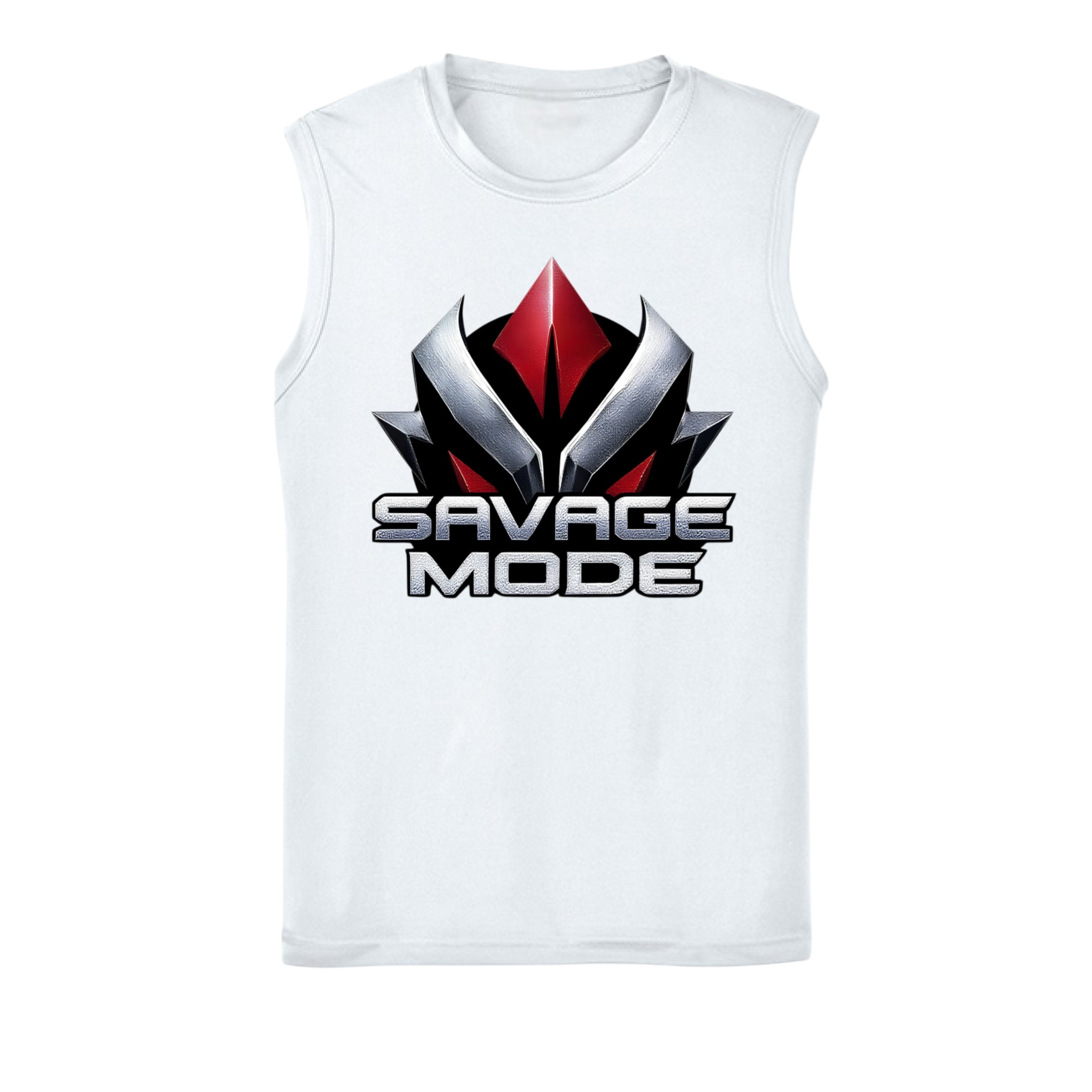 White sleeveless shirt with 'Savage Mode' graphic design on a white background