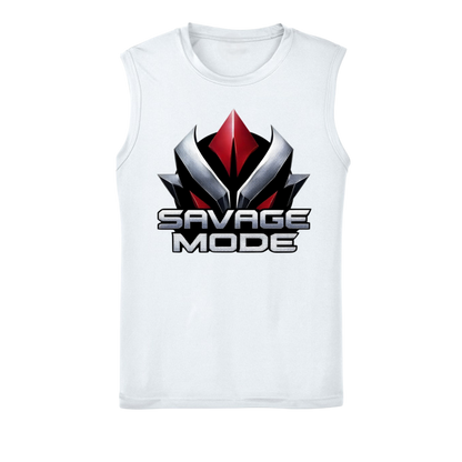 White sleeveless shirt with 'Savage Mode' graphic design on a white background