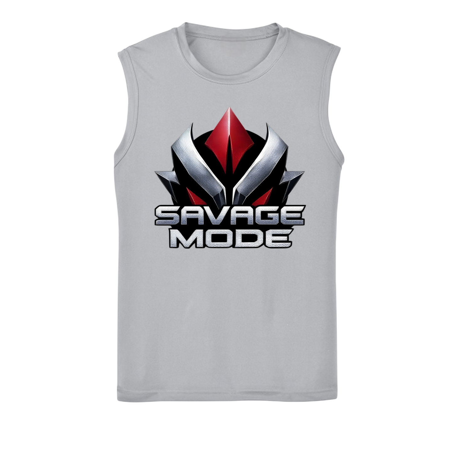 Gray sleeveless shirt with 'Savage Mode' logo on a white background