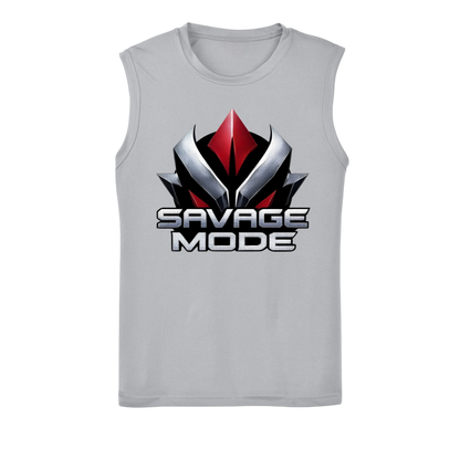 Gray sleeveless shirt with 'Savage Mode' logo on a white background
