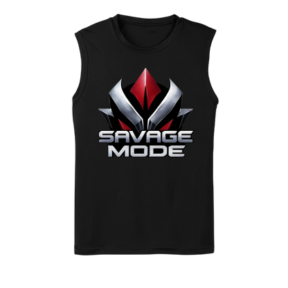 Black sleeveless shirt with 'Savage Mode' graphic design on a white background