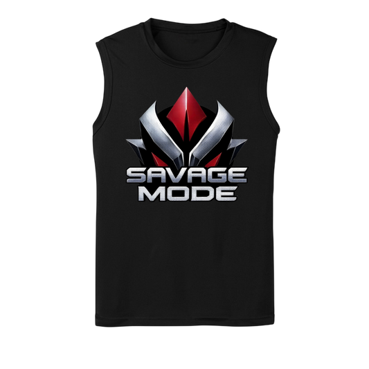 Black sleeveless shirt with 'Savage Mode' graphic design on a white background