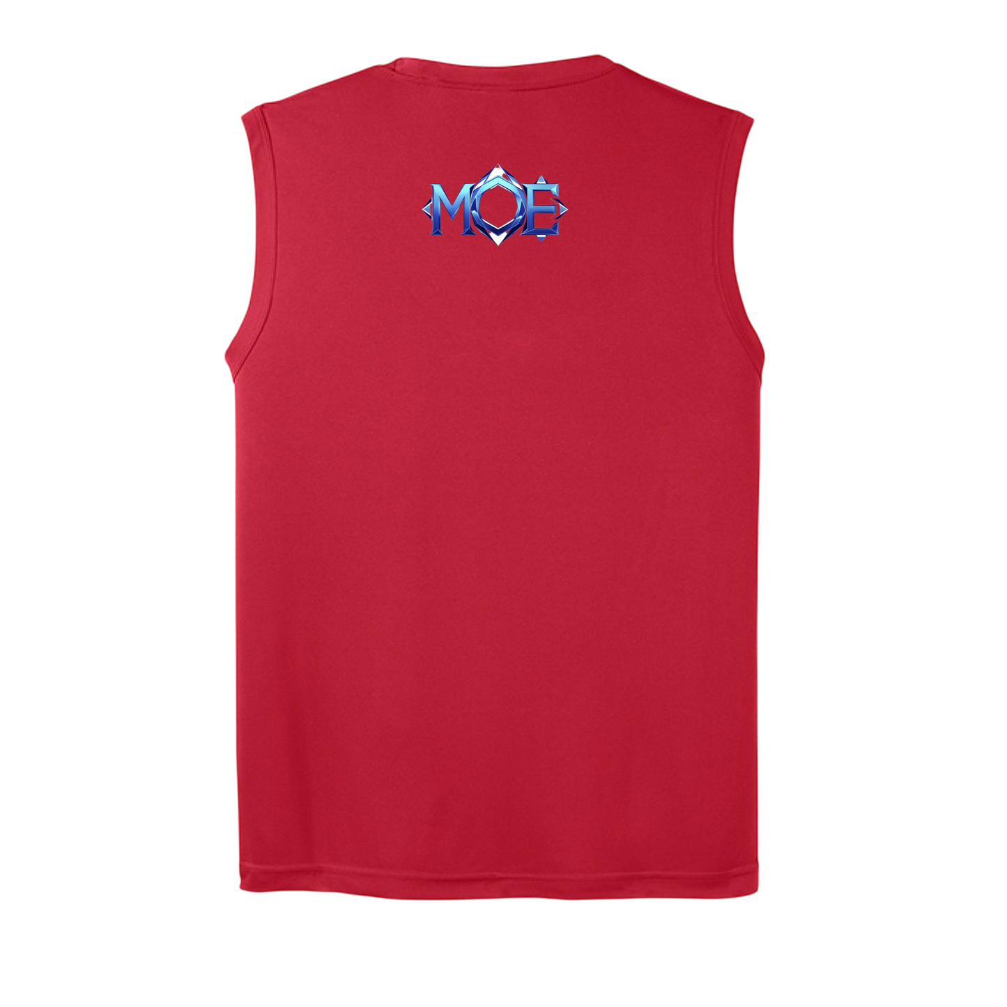 Red sleeveless shirt with a logo on the back against a white background