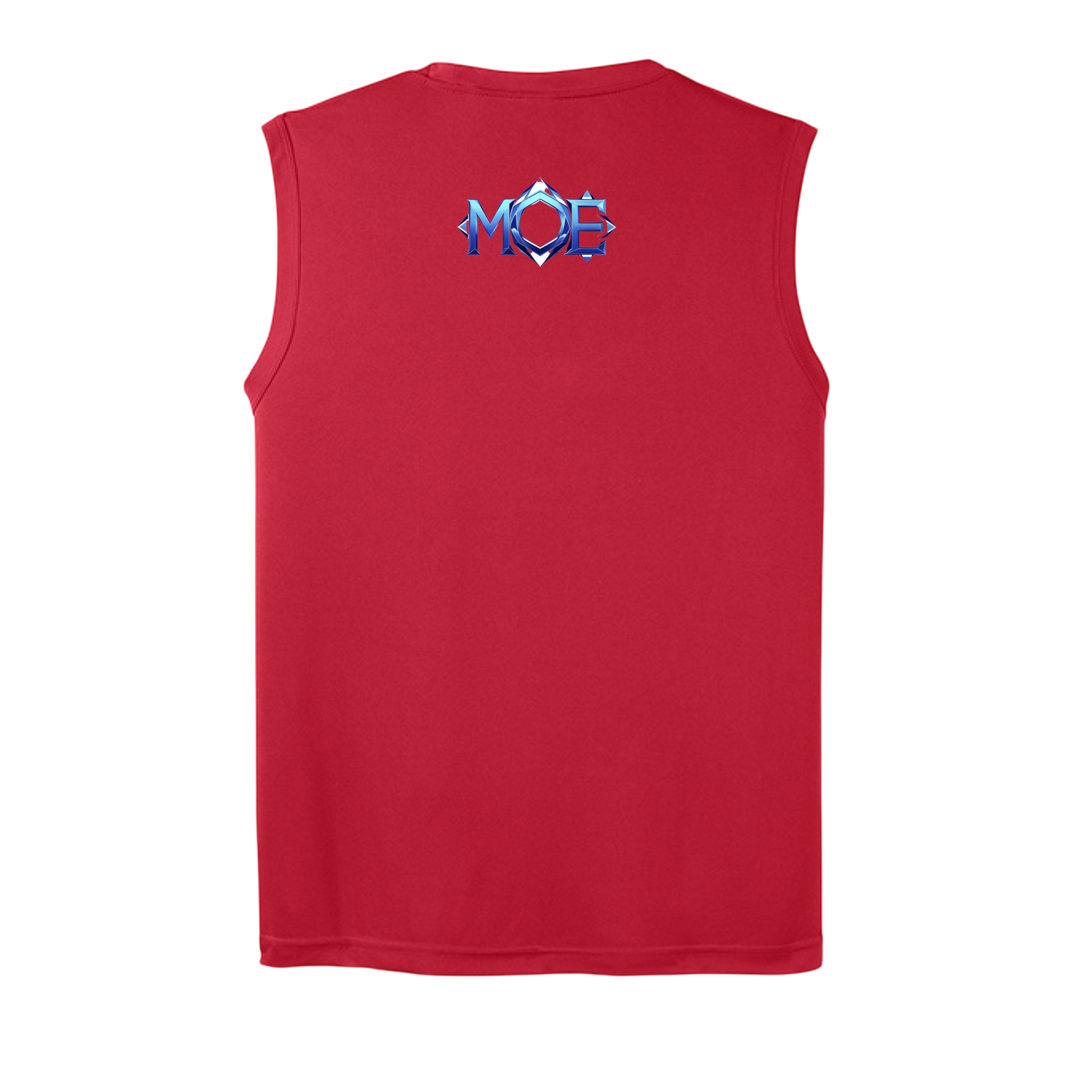 Red sleeveless shirt with a logo on the back against a white background