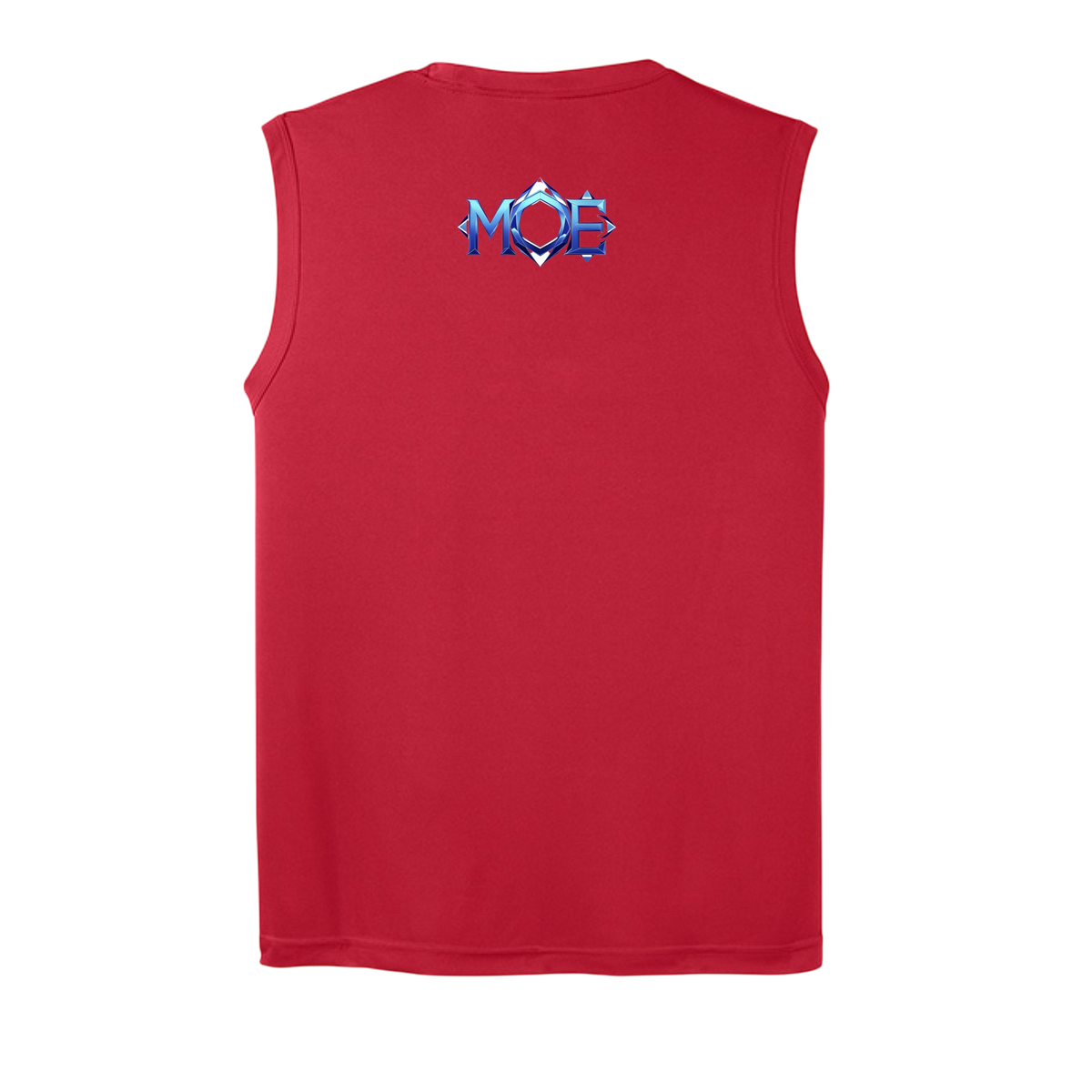 Red sleeveless shirt with a logo on the back against a white background