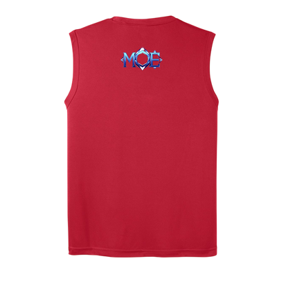 Red sleeveless shirt with a logo on the back against a white background