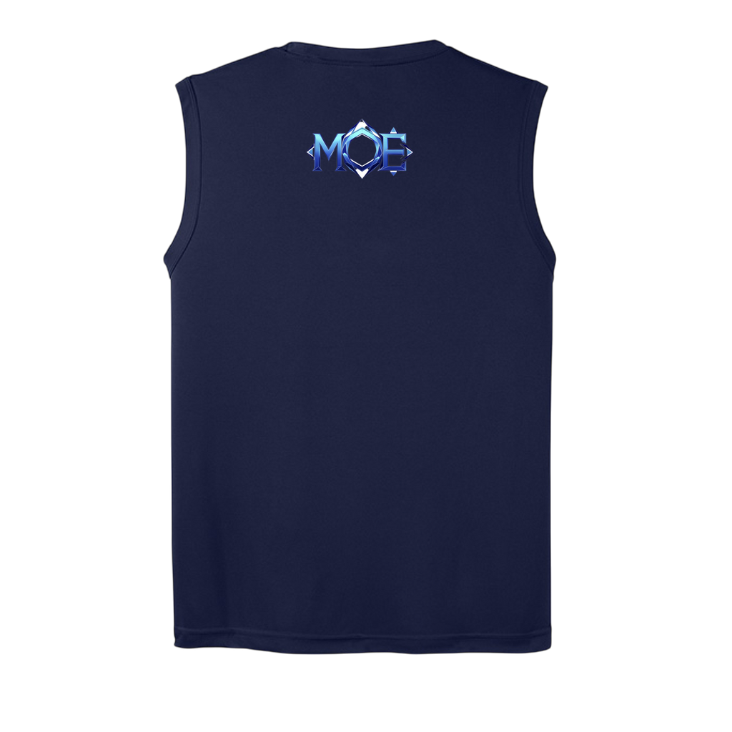 Navy sleeveless shirt with a logo on the back against a white background