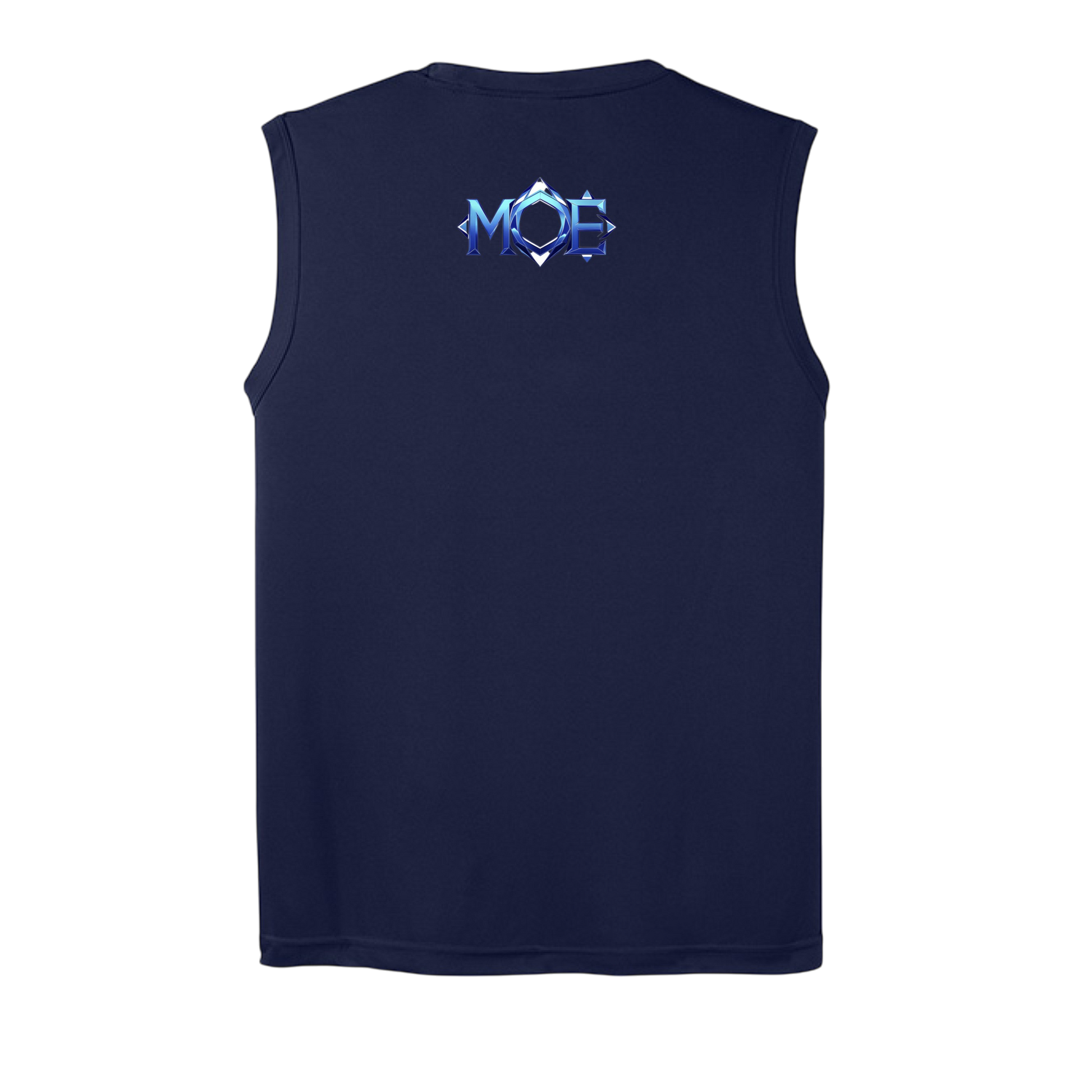 Navy sleeveless shirt with a logo on the back against a white background
