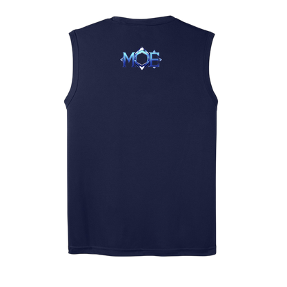 Navy sleeveless shirt with a logo on the back against a white background
