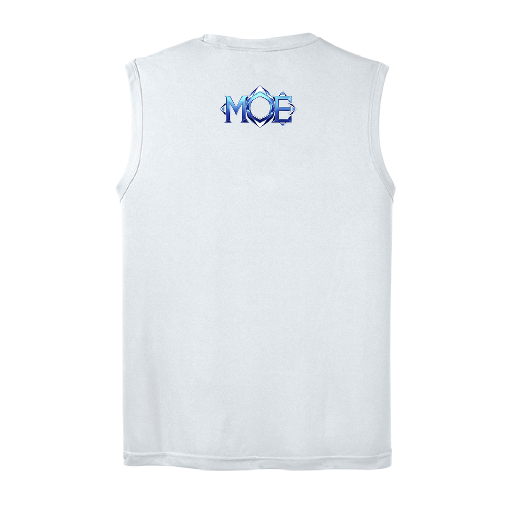 White sleeveless shirt with blue logo on the back against a white background