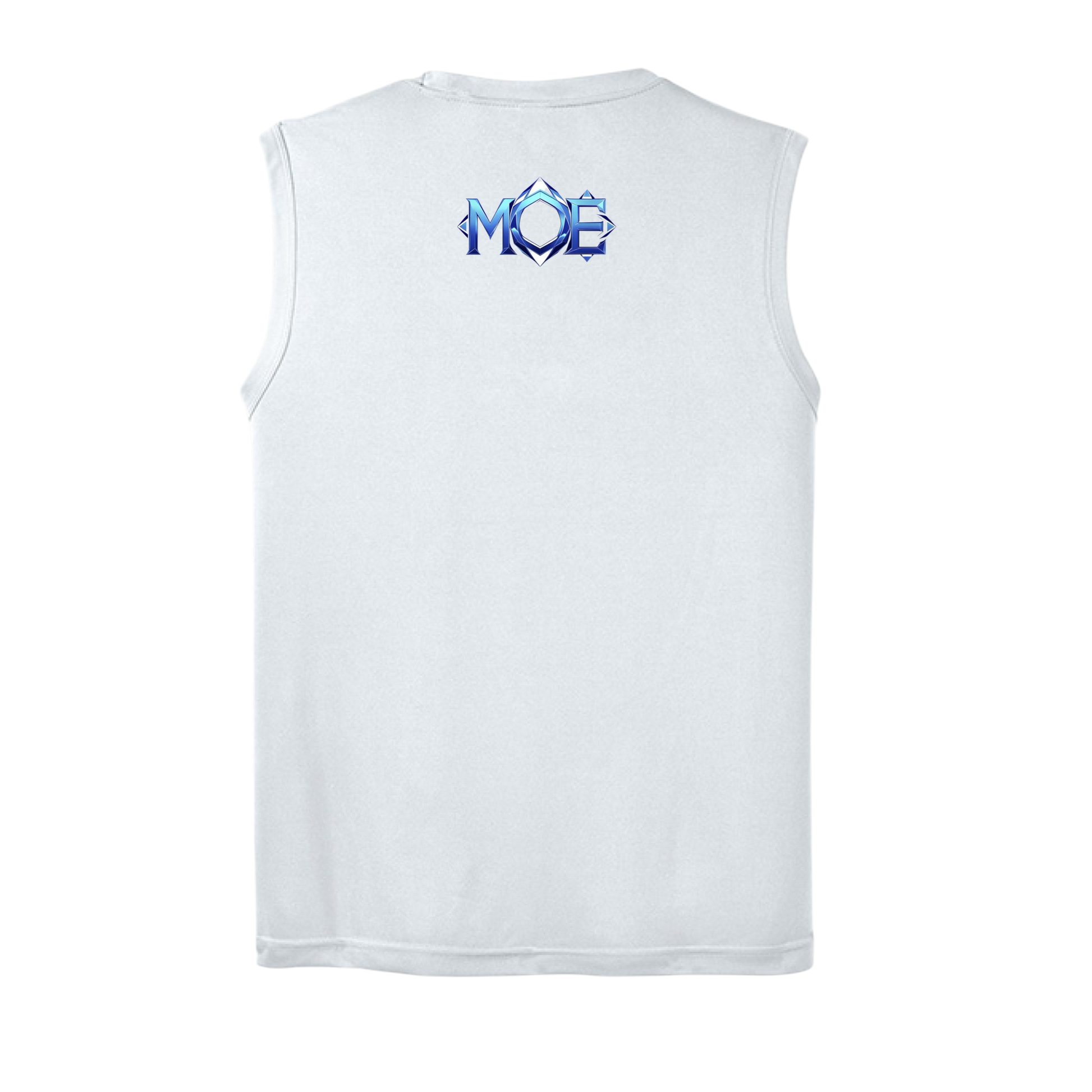 White sleeveless shirt with blue logo on the back against a white background
