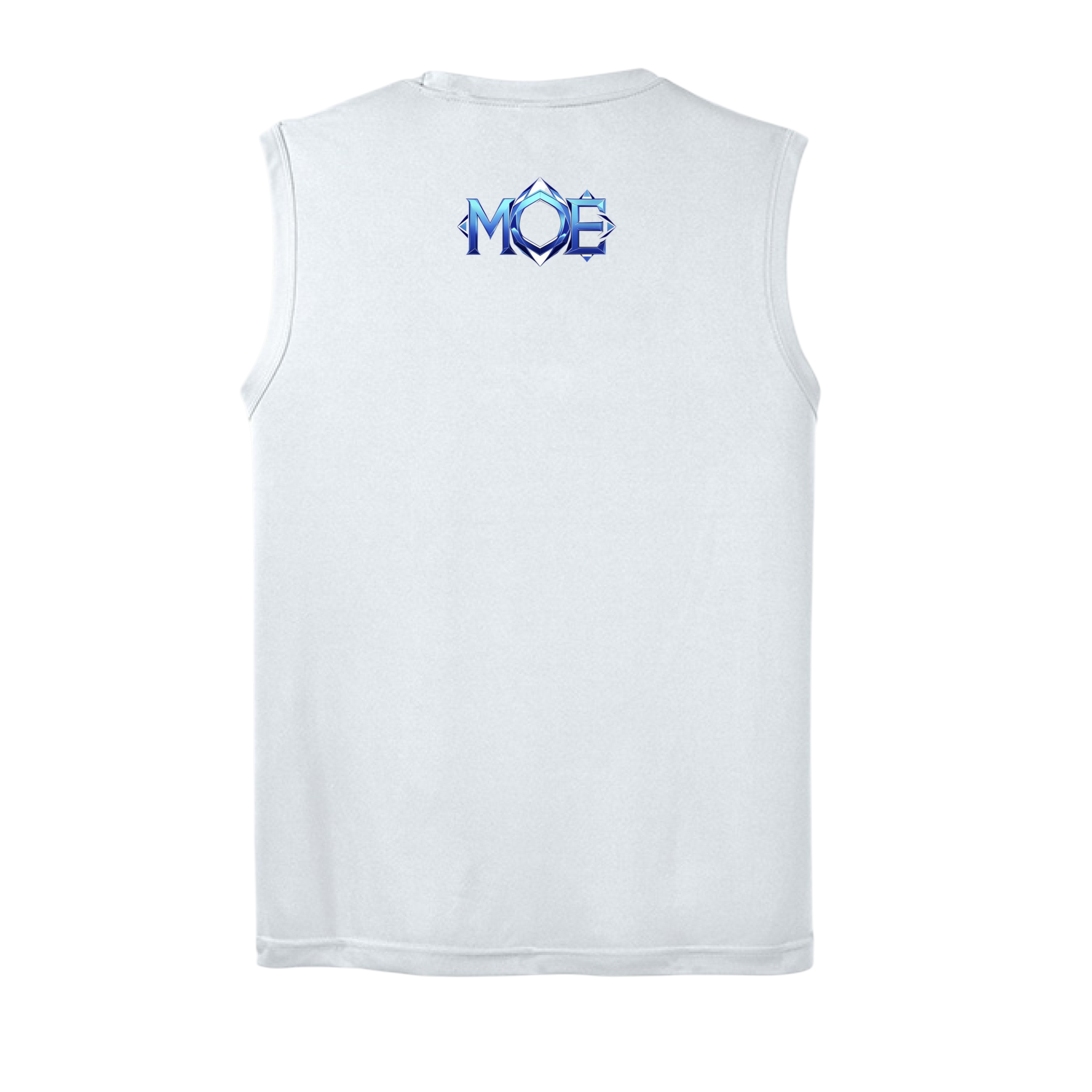 White sleeveless shirt with blue logo on the back against a white background