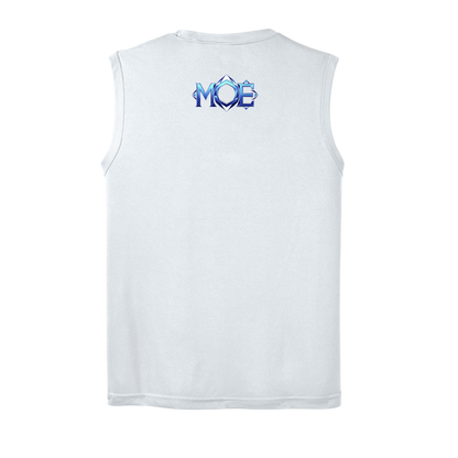 White sleeveless shirt with blue logo on the back against a white background