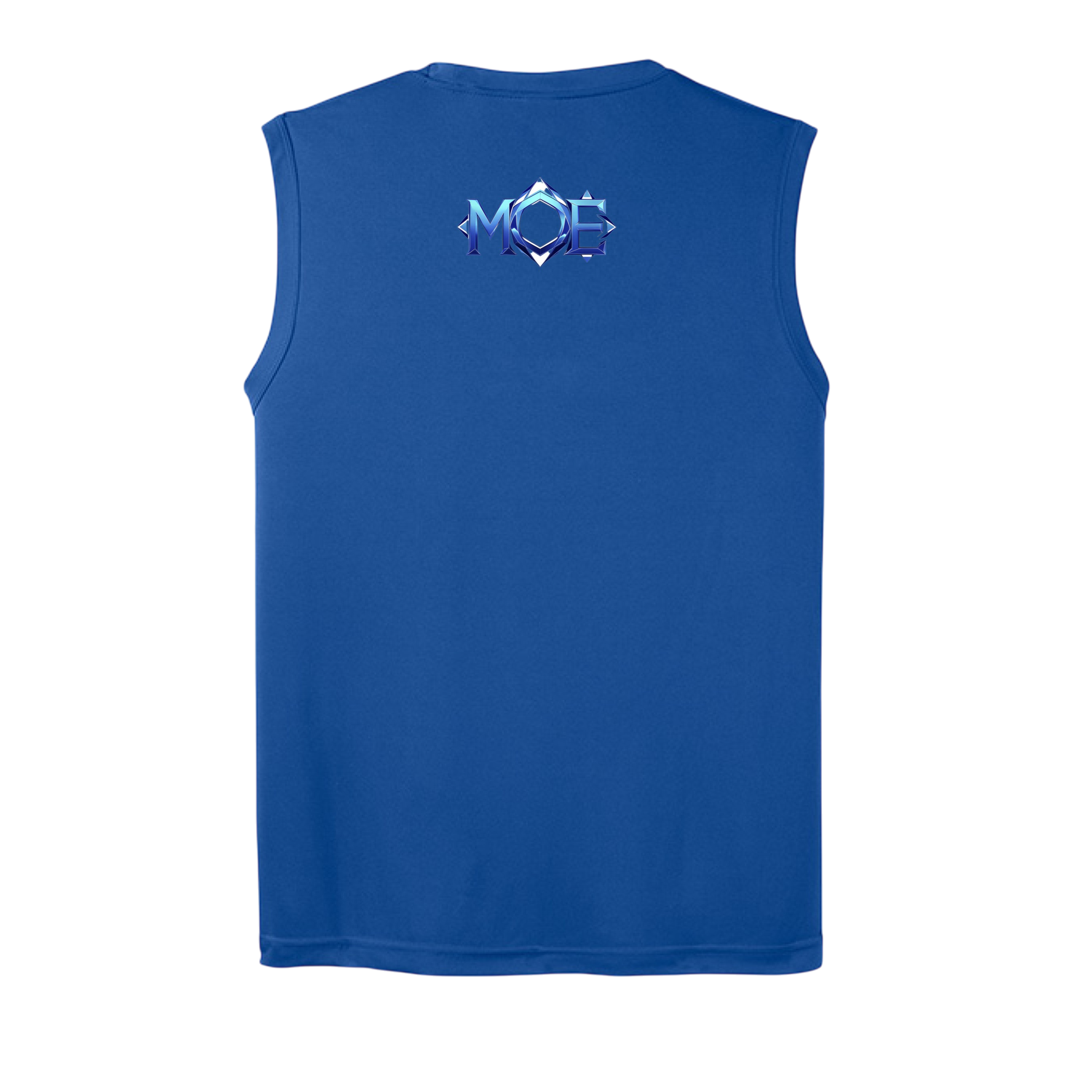 Blue sleeveless shirt with a logo on the back against a white background