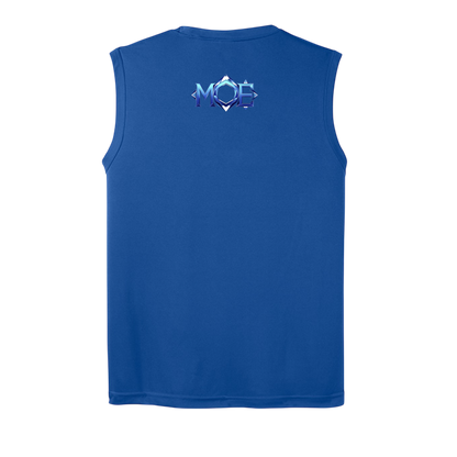 Blue sleeveless shirt with a logo on the back against a white background