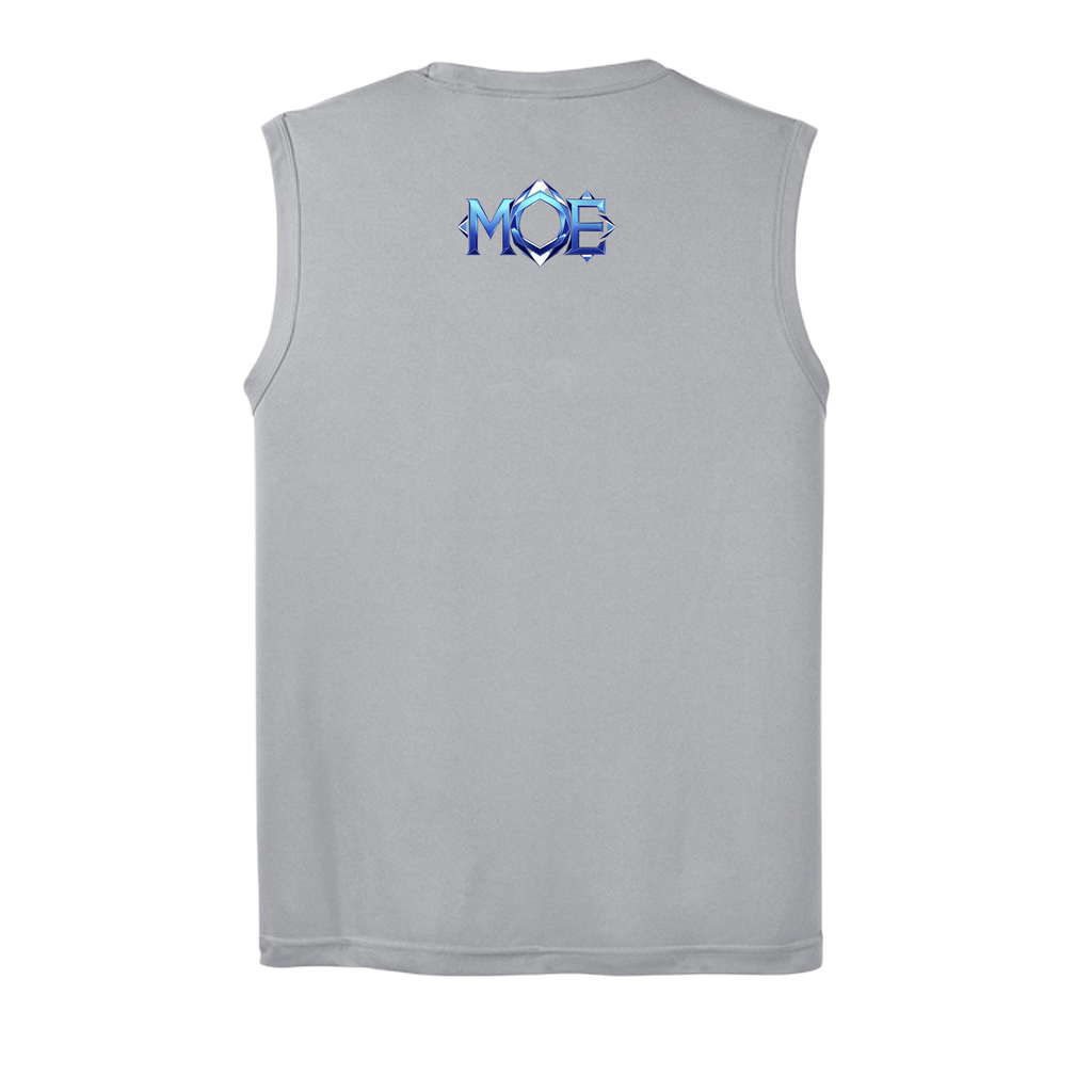 Gray sleeveless shirt with blue and red logo on the back against a white background