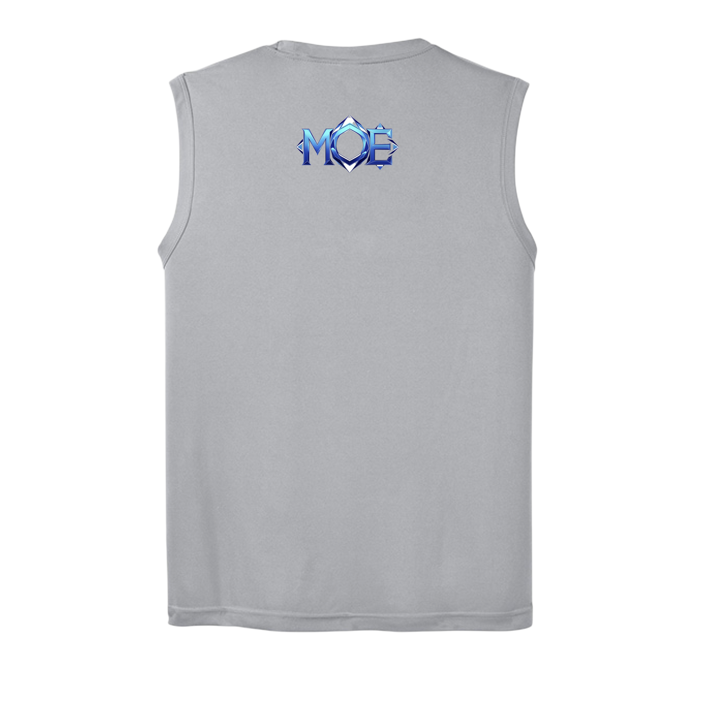 Gray sleeveless shirt with blue and red logo on the back against a white background